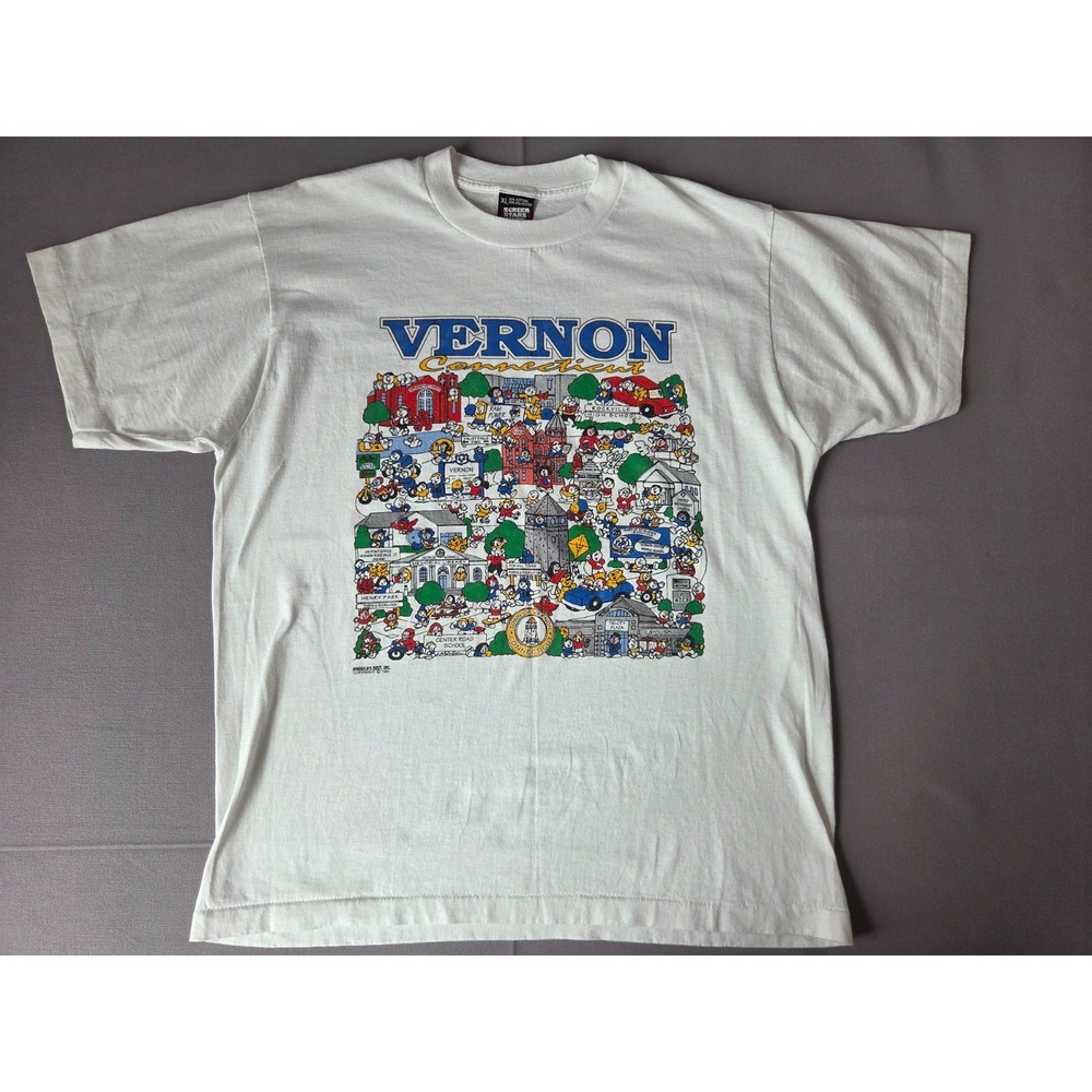 Vintage Vernon Connecticut Shirt Mens Extra Large White Screen Stars Cartoon